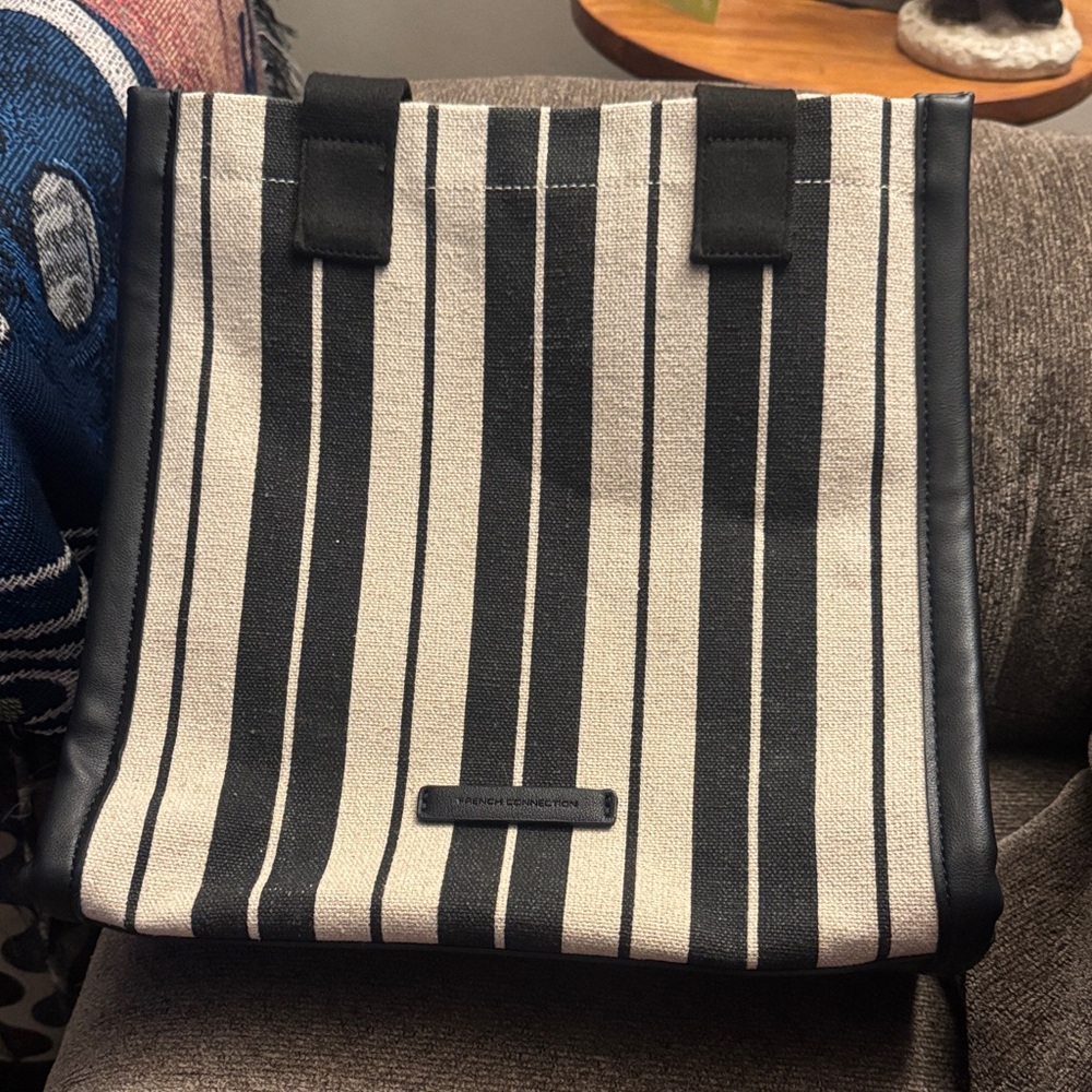 Striped Canvas Messenger Tote in Black and Cream